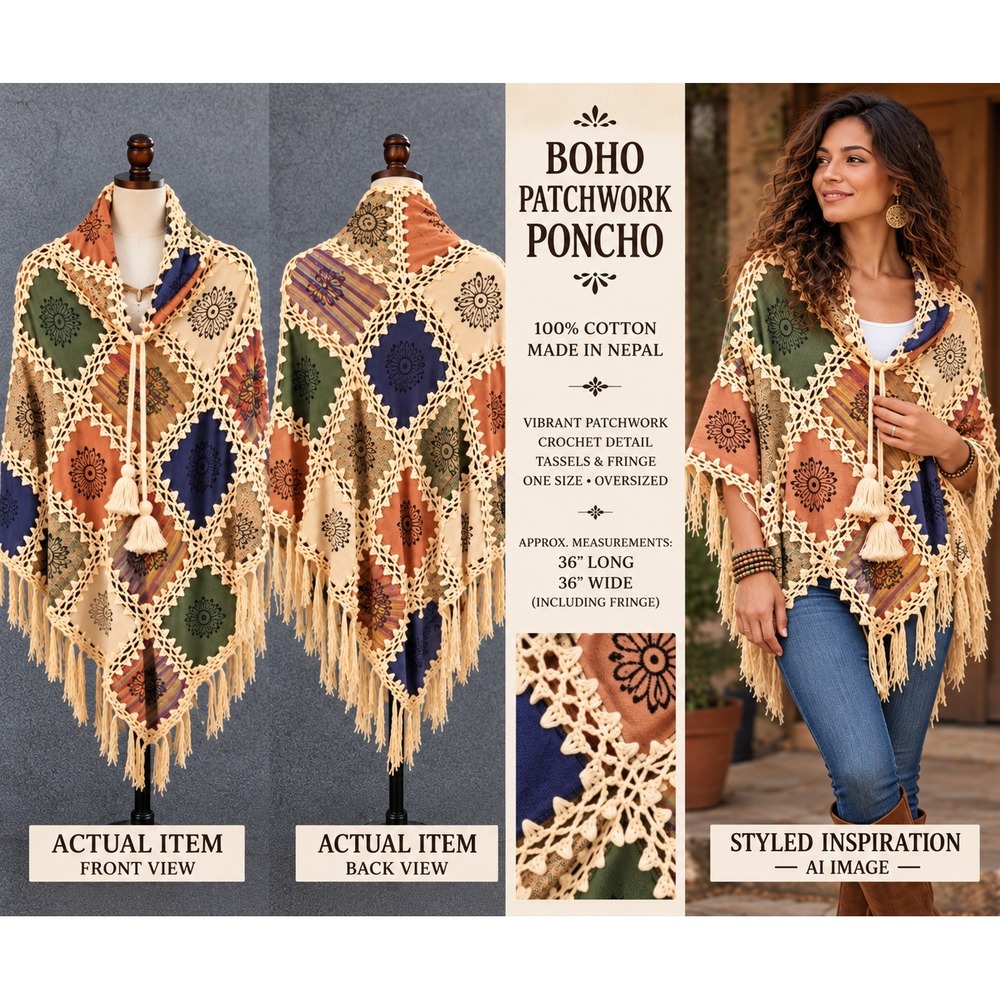 Nepal Cotton Handcrafted Patchwork Crochet Poncho Women Oversize Folk Bohemian